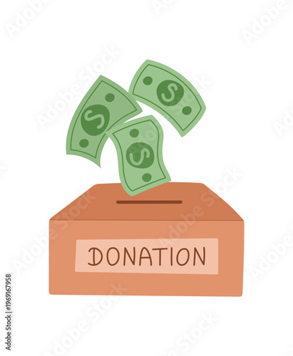 Simple money donation box in cartoon graphic style. Cash notes fall as support and help for charity. Green money and soft brown box show give donation as contribution for people community, ideal icon