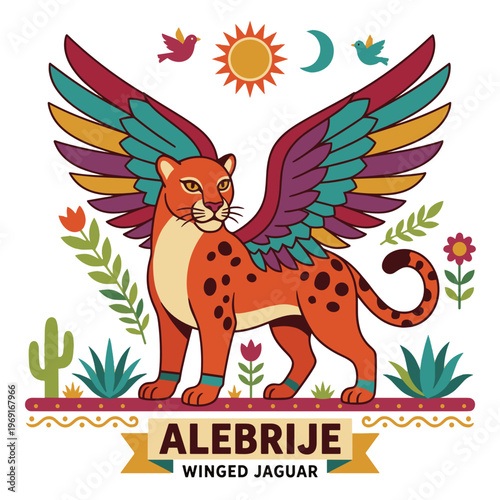 Winged jaguar alebrije with vibrant patterns and ethnic motifs for Mexican spirit animal and mythological creature concept