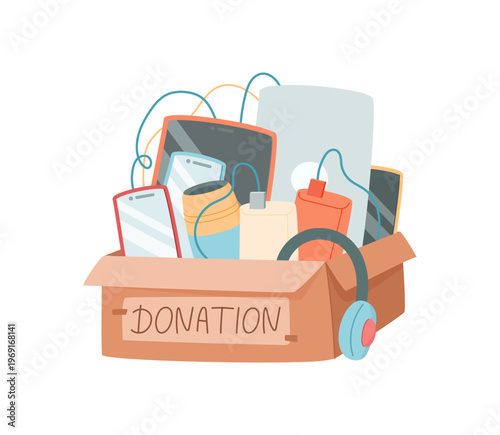 Electronic donation gift box with devices. Charity box of gadget gift and help for people in need. Modern donate concept as philanthropy and contribution, useful for community support background in