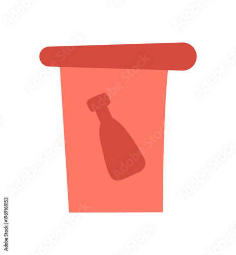 Red trashcan bin simple flat symbol. Vertical plastic container with bottle refusebin as clean rubbish sign. Modern waste can for garbage disposal in kitchen or office, eco sanitation icon on white