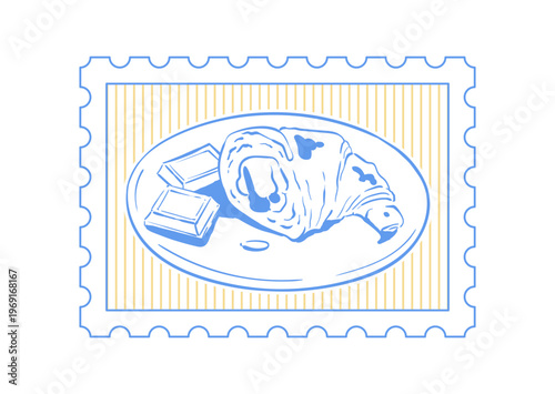 Blue vintage croissant doodle breakfast motif. French cornetto dessert on plate as cute morning food icon. Retro bakery stamp in yellow and blue, ideal for cafe menu art and whimsical food print