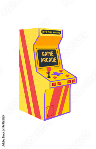 Retro arcade machine cartoon patch in yellow and red. Classic joystick and console for videogame player. Fun retro gamepad, arcade video machine, nostalgic entertainment, colorful badge.