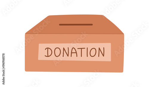 Simple flat cartoon charitable box. Minimal donate container as support symbol and help icon. Brown donation box suggests aid, give and contribution for community care hope