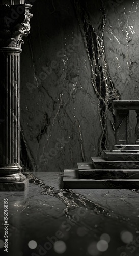 Grayscale antiquity interior, column and steps of ancient construction