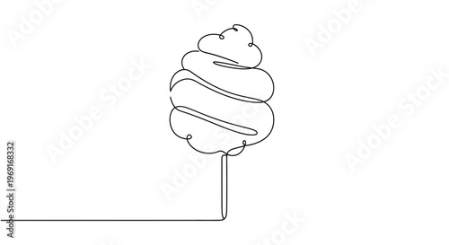 A delightful continuous line art drawing depicting a fluffy sugary treat on a stick, simple and
