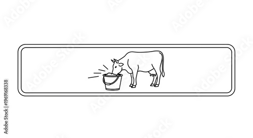 Minimalist line art illustration of a domestic dairy cow feeding from a farm bucket