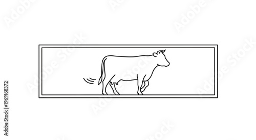 Minimalist line art illustration of a walking dairy cow within a sleek rectangular frame