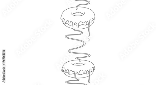 Minimalist continuous line art depicting two delicious donuts with sweet glaze cascading down a