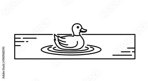 Simple line art illustration depicting a solitary duck gracefully gliding across a calm water