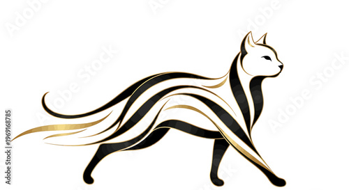 Stylized black and gold cat illustration with flowing lines and elegant design.