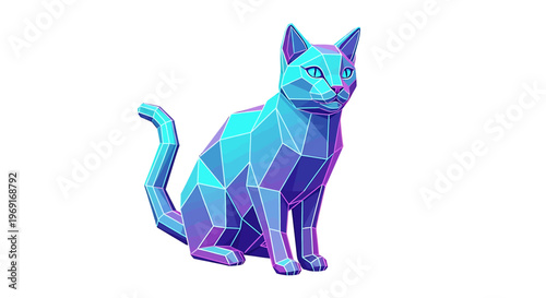 Geometric polygonal cat sculpture in vibrant blue and purple hues, sitting gracefully with a modern abstract design.