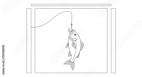 Minimalist line art illustration depicting a single fish caught on a fishing hook