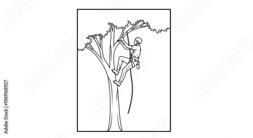 Arborist working safely to prune branches while secured by ropes and harness high up in a large tree