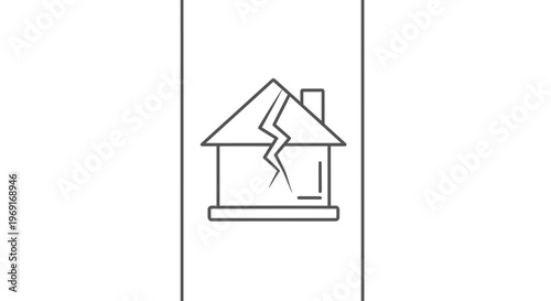 Minimalist outline icon depicting a house with a prominent structural crack indicating damage