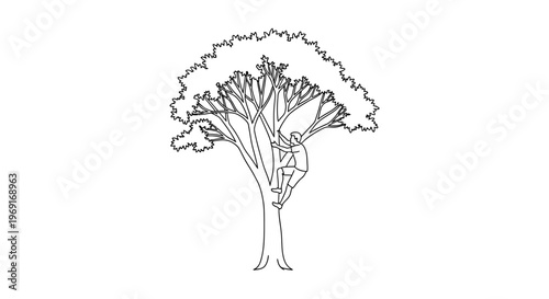 Continuous line art depicting a person's adventurous ascent up a towering natural tree trunk graphic