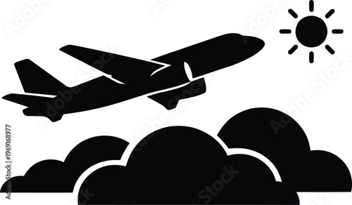 Airplane Silhouette Flying Above Clouds with Sun Vector Illustration
