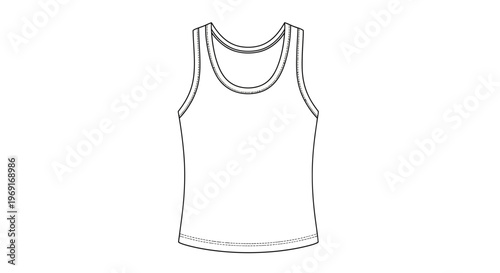 Clean line art technical drawing of a basic white tank top template for fashion design and apparel