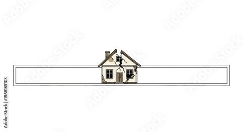 Dilapidated house with structural cracks centered on a blank horizontal banner representing home