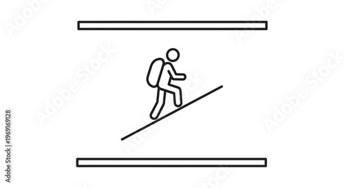 Simple line art icon of a backpacker ascending an incline, representing journey, effort, and