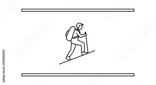 A minimalist line art illustration depicting a person ascending a slope with a backpack and