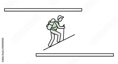 Simple illustration of an individual with a backpack and pole climbing an upward slope pursuing a
