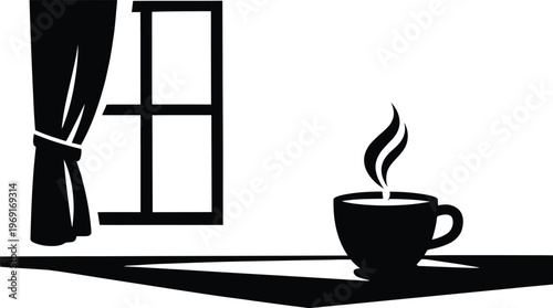 Steaming Coffee Cup Silhouette on Table by Window with Curtain Illustration