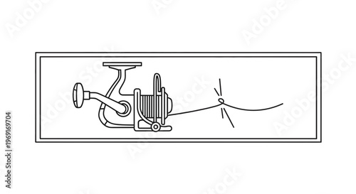 Minimalist line art illustration of a fishing reel and line with a basic knot for angling
