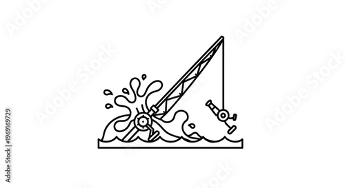 Minimalist line art illustration depicting an active fishing rod engaging with splashing water,