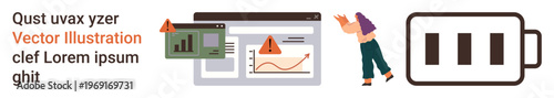 Data security, analytics, technology issues, warning systems, energy management, fatigue. Graphs and battery icon with alert icons alongside a distressed person. Data security and analytics concept