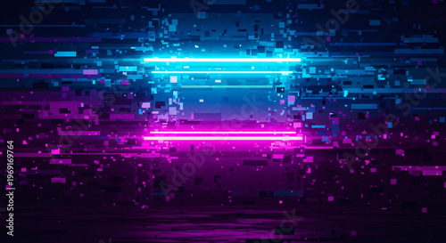 Bild auf Leinwand Neon Glitch Background with Blue and Pink Digital Lines and Pixelation
