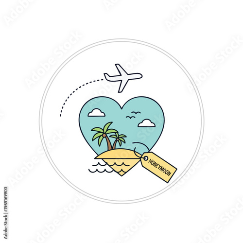 Airplane flies towards heart-shaped island with palm trees and honeymoon tag