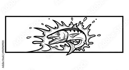 Dynamic barracuda fish leaping powerfully from water with intense splash in vector art style