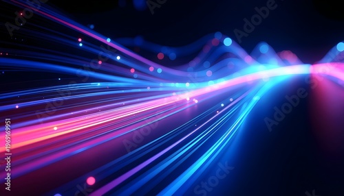 Abstract glowing blue and pink fiber optic light trails representing digital data transfer and high speed connectivity.