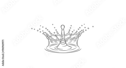 Detailed line art illustration of a water droplet impact creating an elegant crown splash with