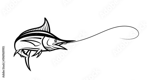 Powerful black and white marlin line art illustration capturing the thrill of deep-sea fishing