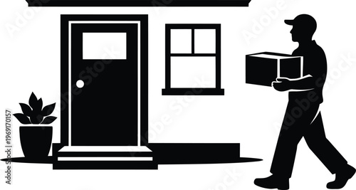 Delivery Man Silhouette Carrying Package to House Front Door Illustration