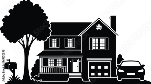 Suburban Two-Story House Silhouette with Tree Garage Car and Mailbox