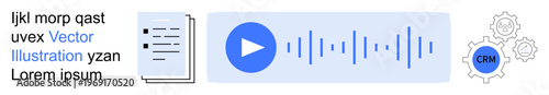 Audio content systems, document processing, CRM tools, automation, technology management, and data services. Visual of a document, play button and CRM gear icon. Audio content and CRM tools concept