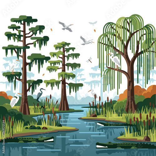 Swamp scene with cypress and weeping trees, herons, alligators, and dragonflies