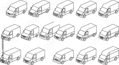
Delivery van outline vector illustration set with cargo transport vehicles in different perspective views