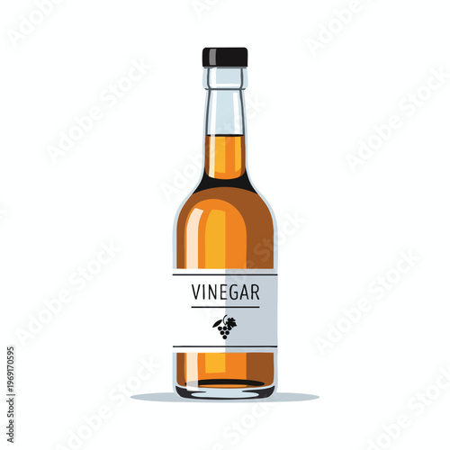 Glass bottle filled with amber liquid and a black cap, labeled "VINEGAR" with grape graphic