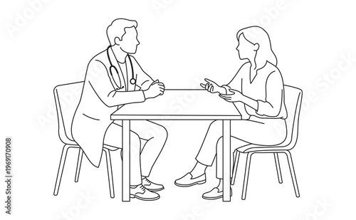 Doctor consultation line art illustration with patient discussion