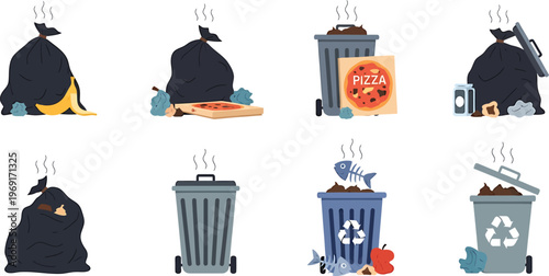 Trash bin and garbage bags collection with food waste, recycling bin set isolated on white background, pollution and waste management concept vector illustration.