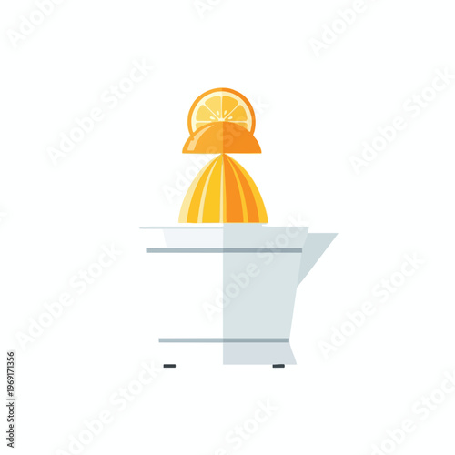 Manual juicer with citrus half, producing fresh orange juice in a white container