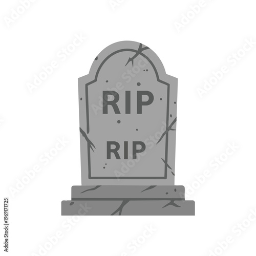 Cracked, grey stone tombstone with "RIP" carved twice