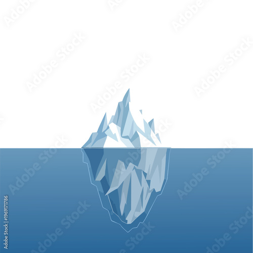 A sharp, jagged iceberg rises from the ocean, its submerged portion visible