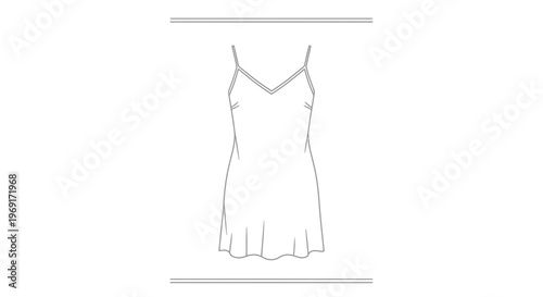 Minimalist line drawing of a sleeveless V-neck slip dress or chemise fashion flat sketch design