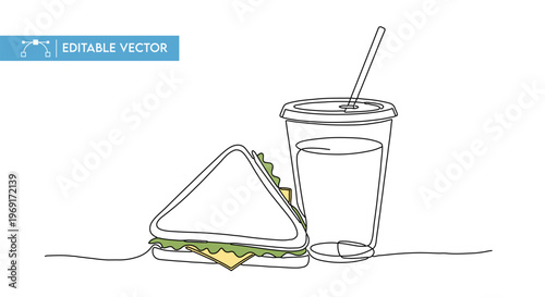 Minimalist vector illustration of a delicious triangular sandwich with a refreshing drink in a disposable cup.