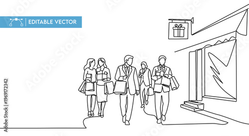 Continuous line vector illustration depicting a group of stylish shoppers happily leaving a store with purchases.