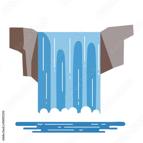 A stylized waterfall cascades down rocky cliffs into a pool